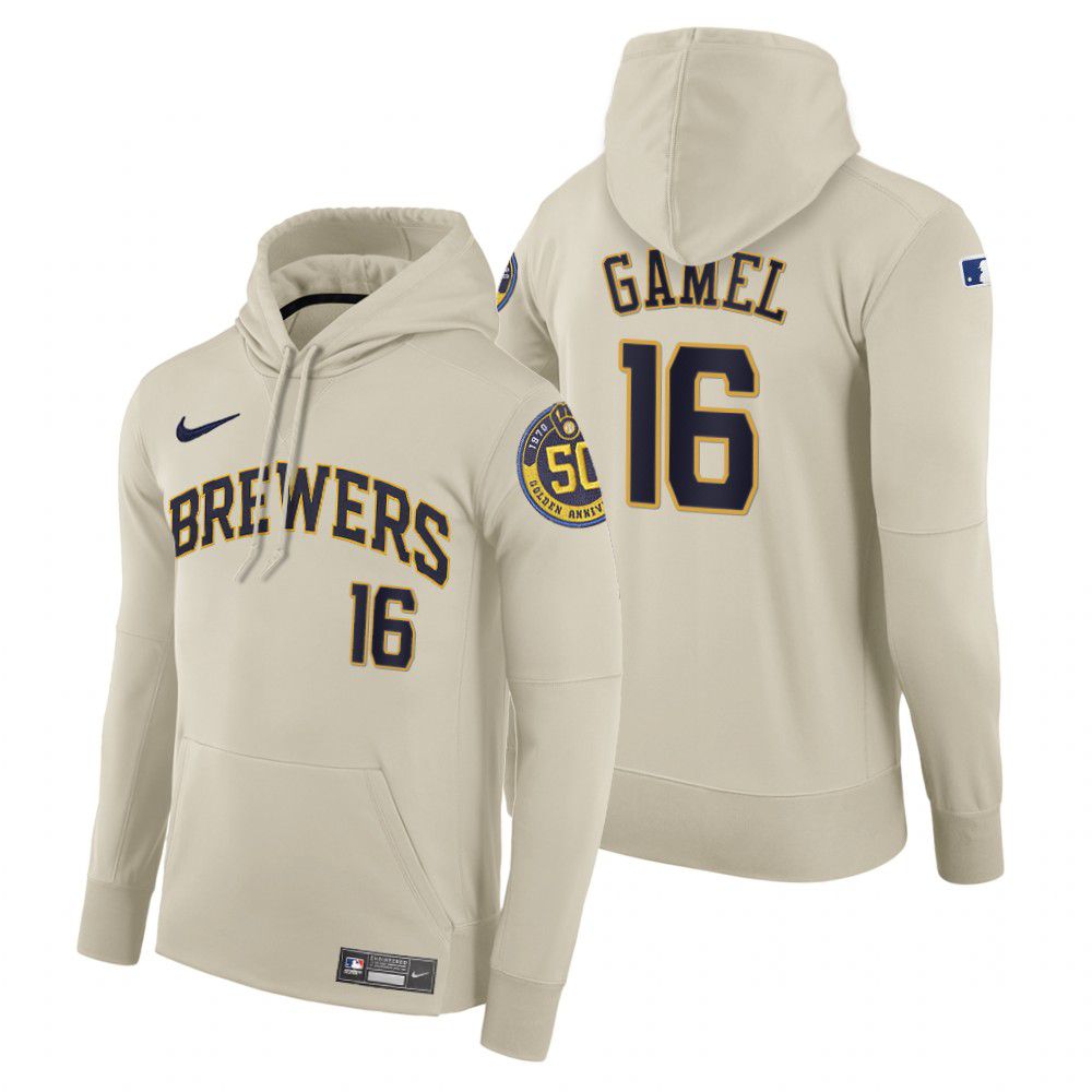 Men Milwaukee Brewers #16 Gamel cream home hoodie 2021 MLB Nike Jerseys
